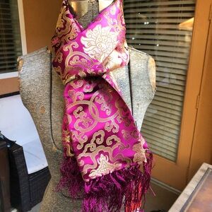 Zhenjinfang Authentic Chinese Silk Brocade Scarf Purple Gold With Tassels NWT